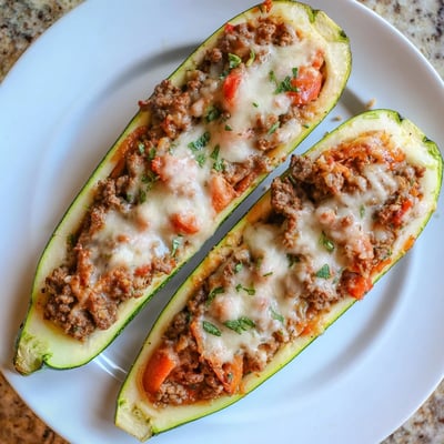Stuffed zucchini boats with ground beef overflowing with herbed tomato filling and parmesan