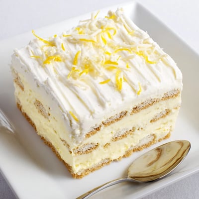 No-bake lemon tiramisu slices garnished with white chocolate curls on a chilled plate
