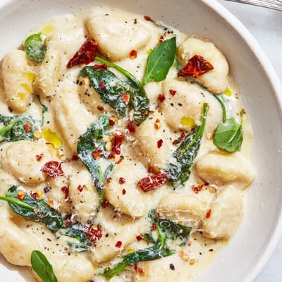 Weeknight Marry Me Gnocchi tossed with wilted spinach, fresh basil, warm aroma