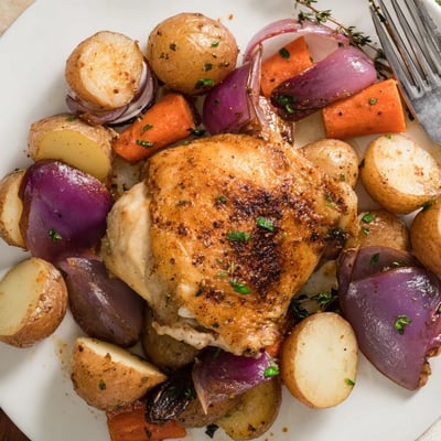 Sheet Pan Chicken And Potatoes resting on roasted baby potatoes and caramelized onions