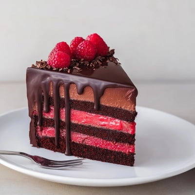 Silky layers of Heavenly Raspberry Chocolate Mousse Cake sliced on a dessert plate