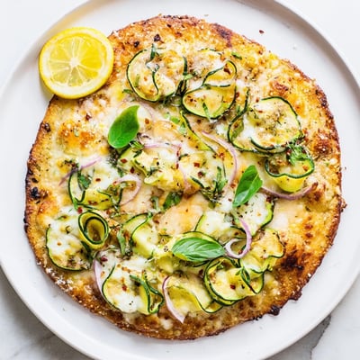 Tangy lemon ricotta spread on a crispy crust with zucchini ribbons and fresh herbs