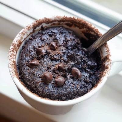 Fudgy gluten free chocolate mug cake in a white ceramic mug with whipped cream